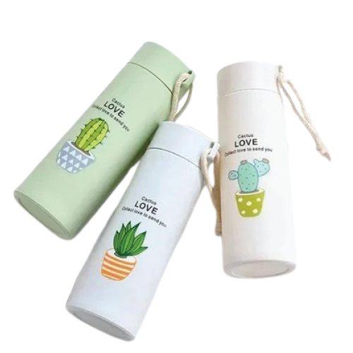 Cactus Motif Glass Water Bottle 450ml